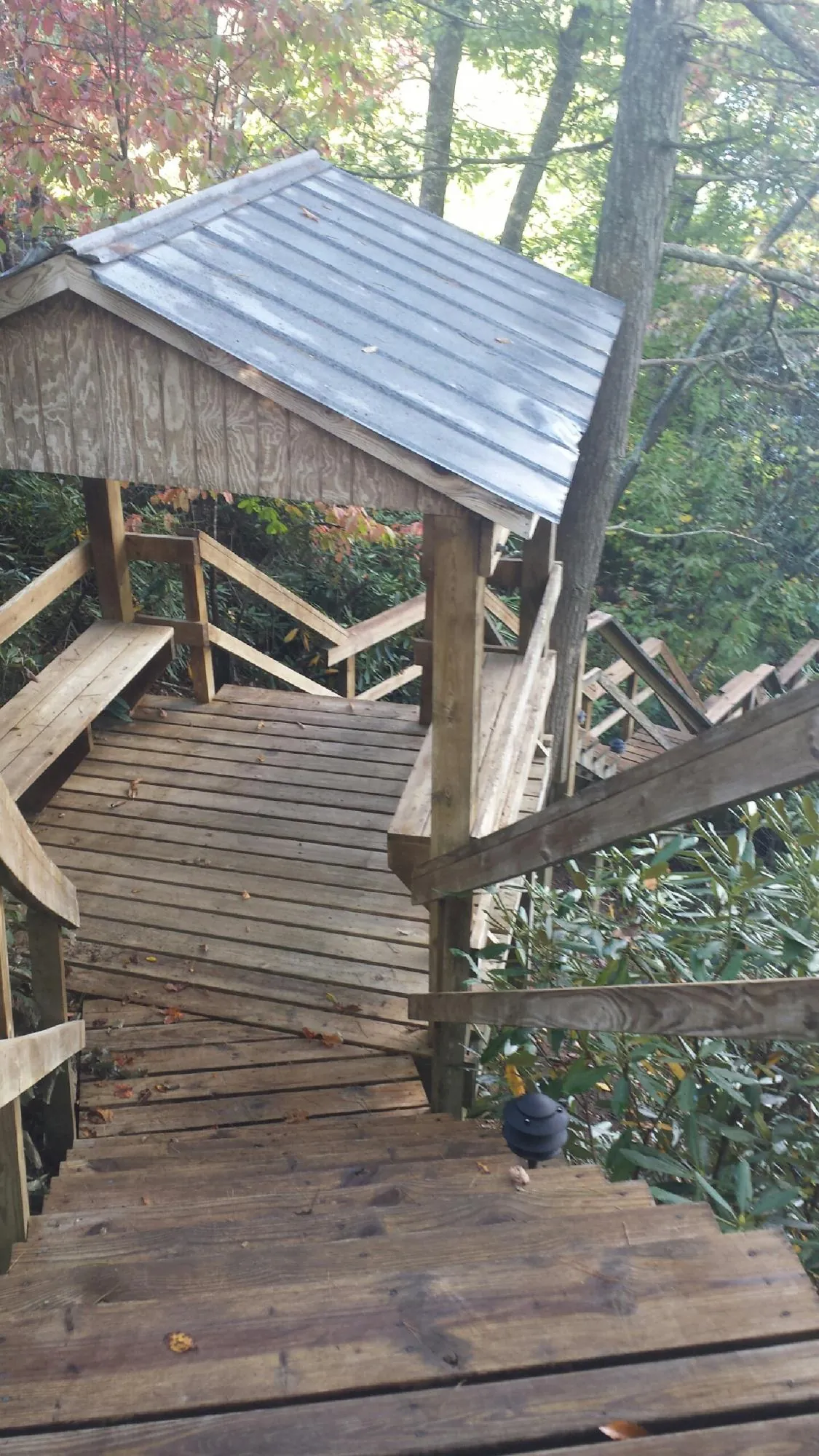 Metal roofed shelter over wooden steps on a wooded walkway — Skylight Repair & Installation work by our crew in College Place